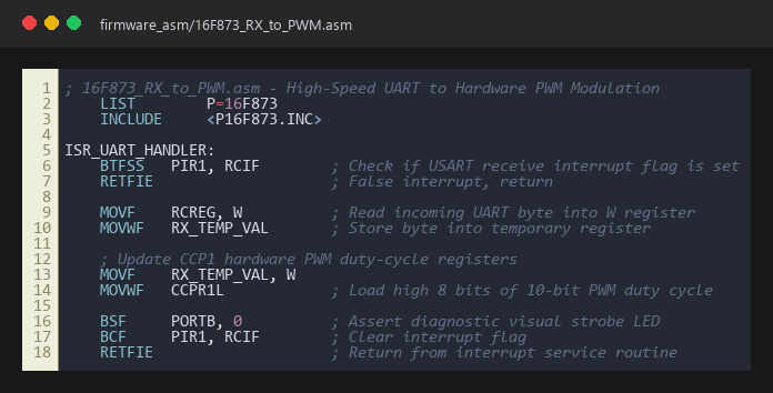 MPASM Assembly UART-to-PWM Firmware Card